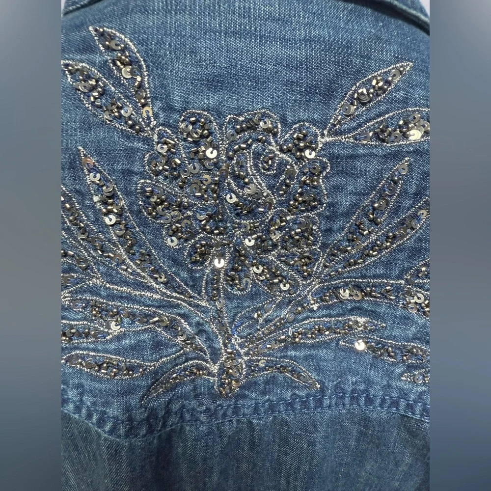 NWT Pilcro Denim Silver embellished Collar Button Down fringe bottom Shirt XXS - Picture 7 of 16